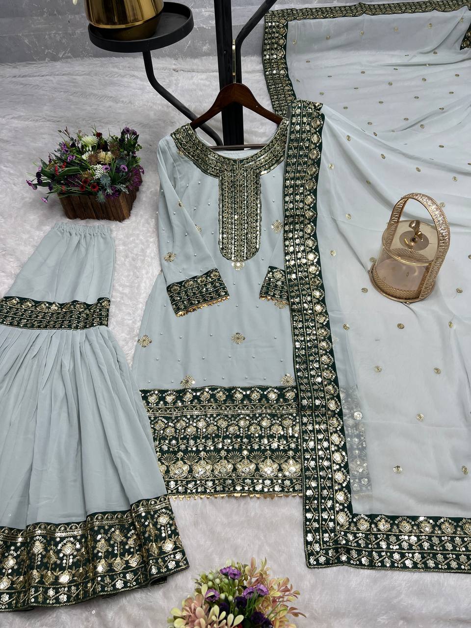 Outstanding Embroidery Work Grey Color Sharara Suit