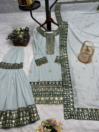 Outstanding Embroidery Work Grey Color Sharara Suit