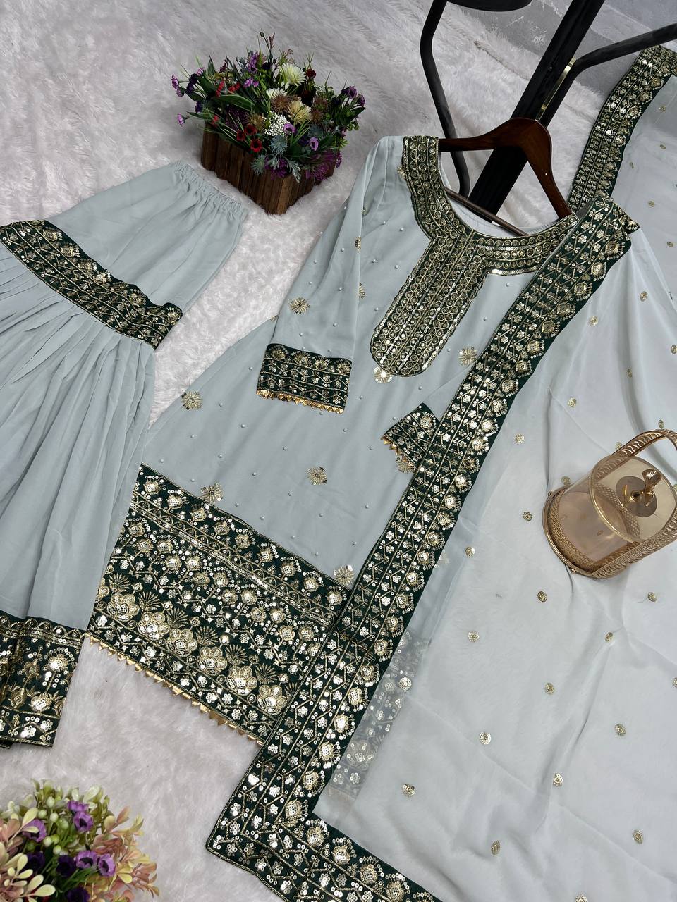 Outstanding Embroidery Work Grey Color Sharara Suit