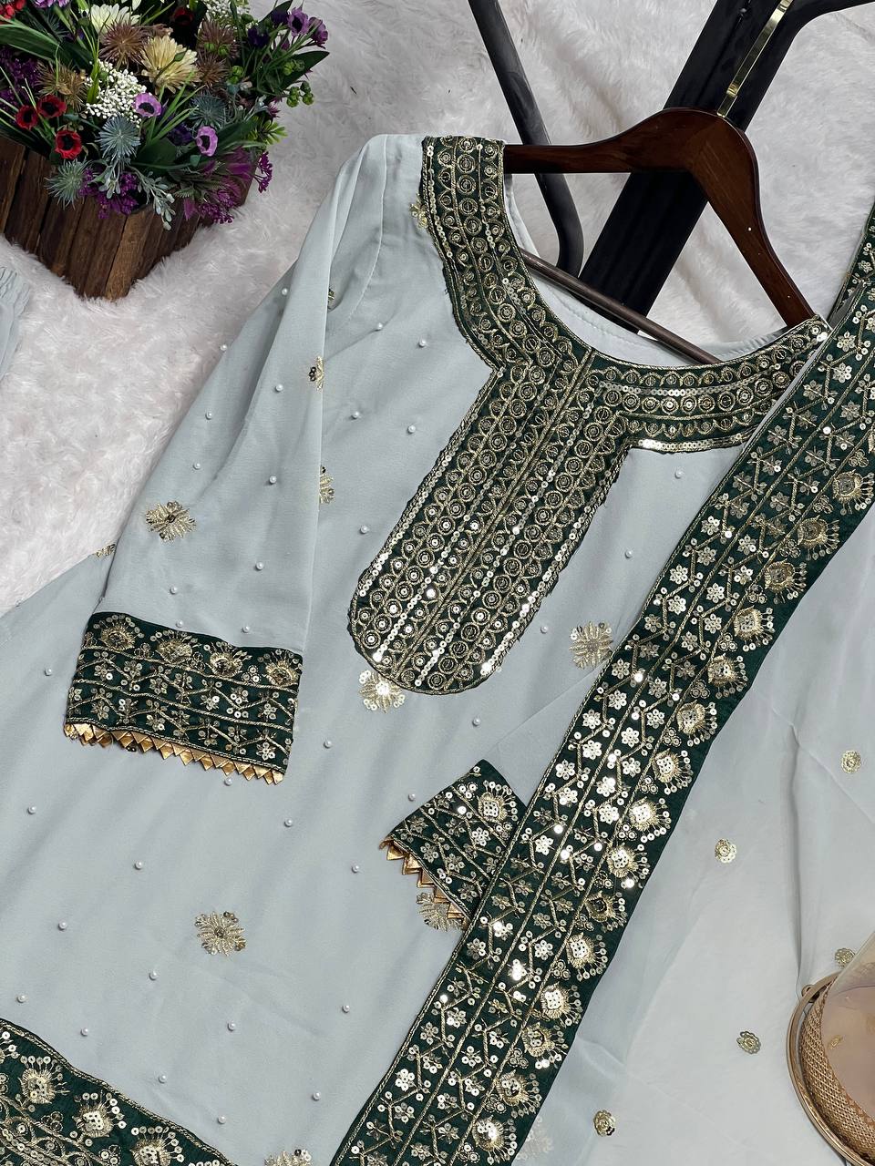 Outstanding Embroidery Work Grey Color Sharara Suit