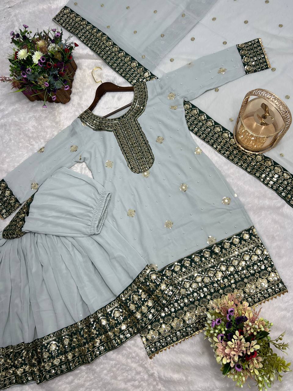 Outstanding Embroidery Work Grey Color Sharara Suit