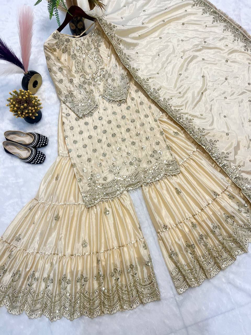 Innovative Sequence Work Off White Color Sharara Suit