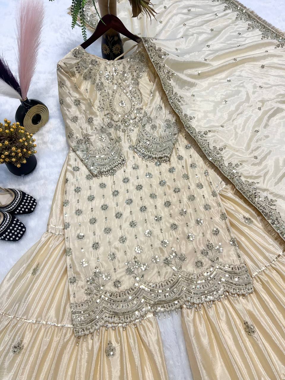 Innovative Sequence Work Off White Color Sharara Suit
