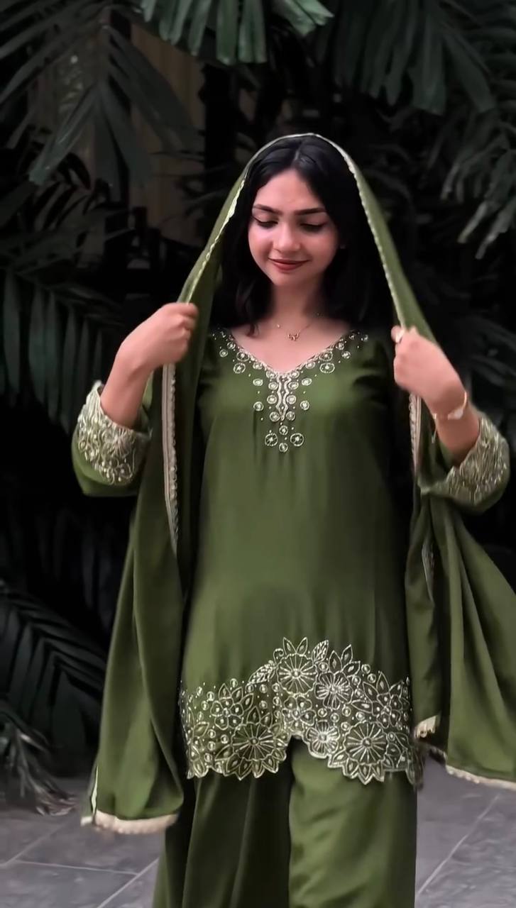 Stunning Georgette Mehndi Color Sharara Suit
