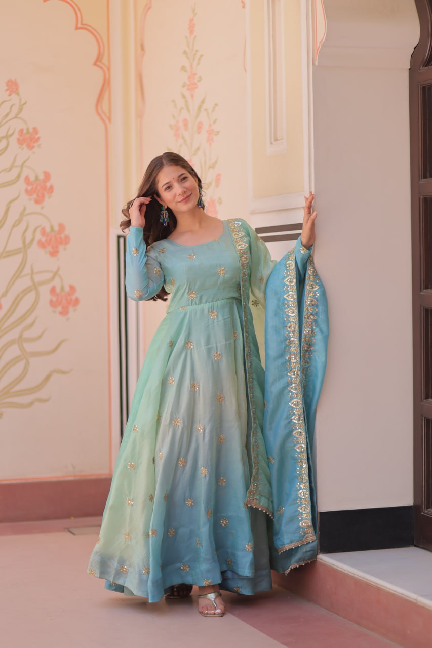 Mesmerizing Embroidered Work Sky Color Gown