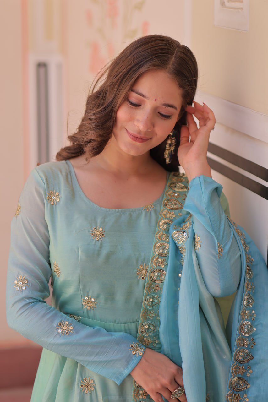 Mesmerizing Embroidered Work Sky Color Gown