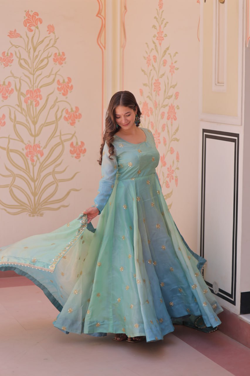Mesmerizing Embroidered Work Sky Color Gown