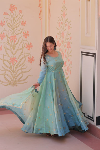 Mesmerizing Embroidered Work Sky Color Gown