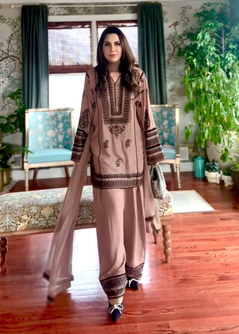 Stunning Embroidery Work Peach Color Palazzo Suit