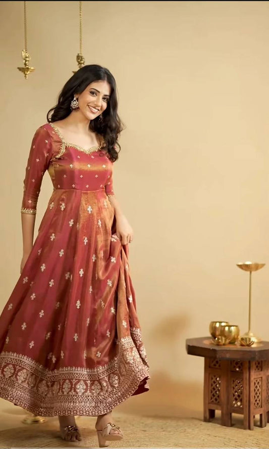 Full Heavy Work Orange Color Gown With Dupatta