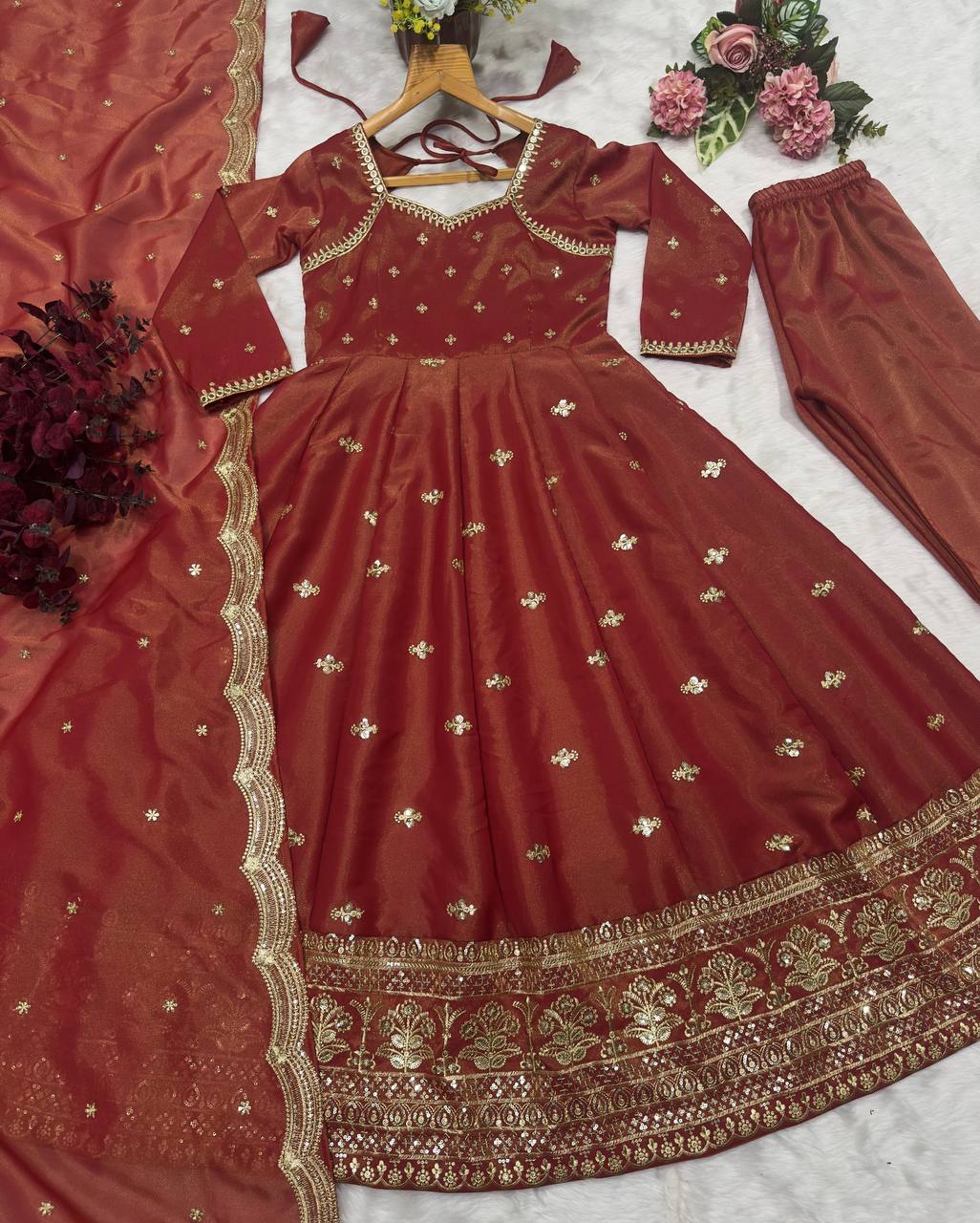 Full Heavy Work Orange Color Gown With Dupatta