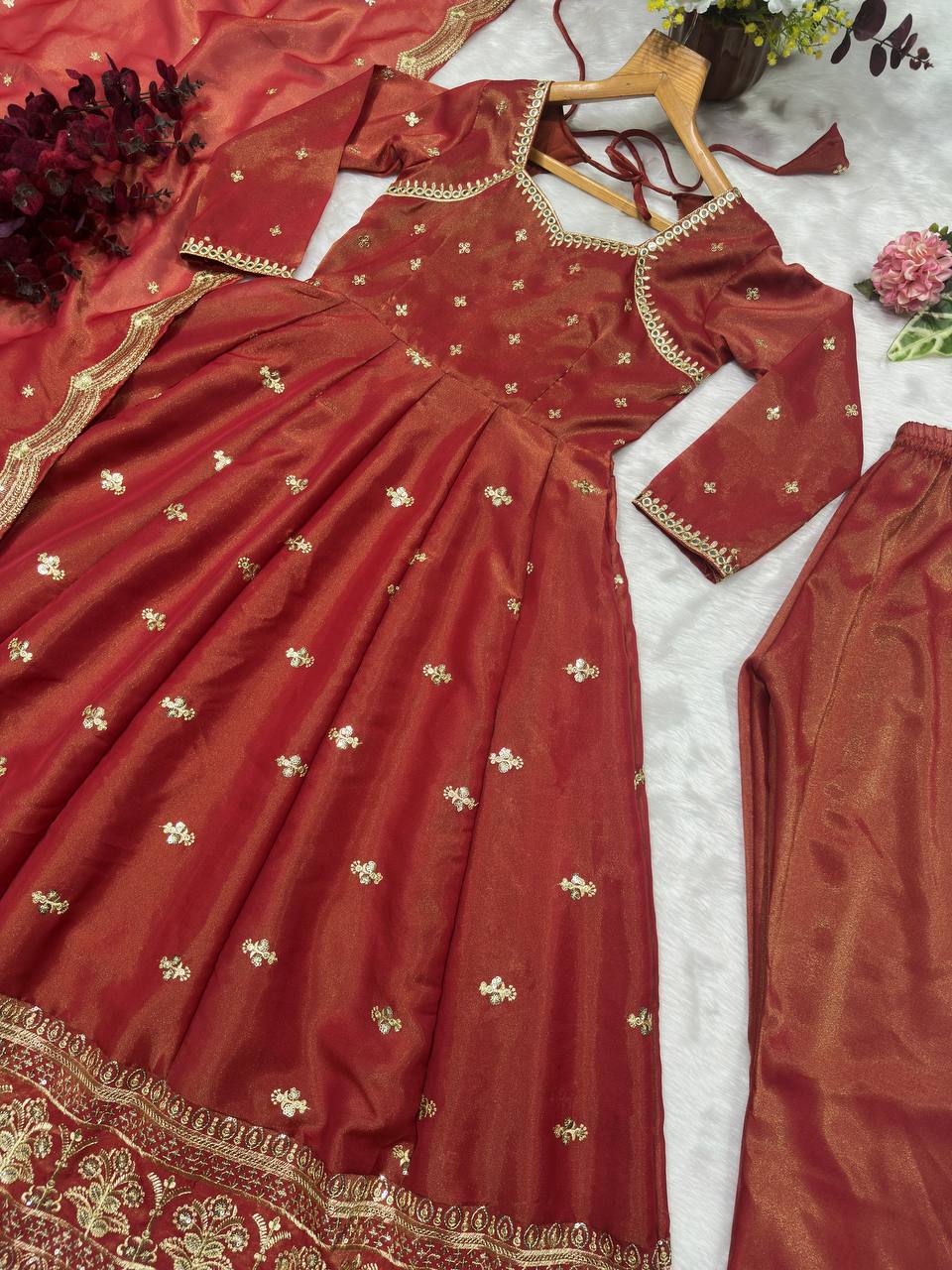 Full Heavy Work Orange Color Gown With Dupatta