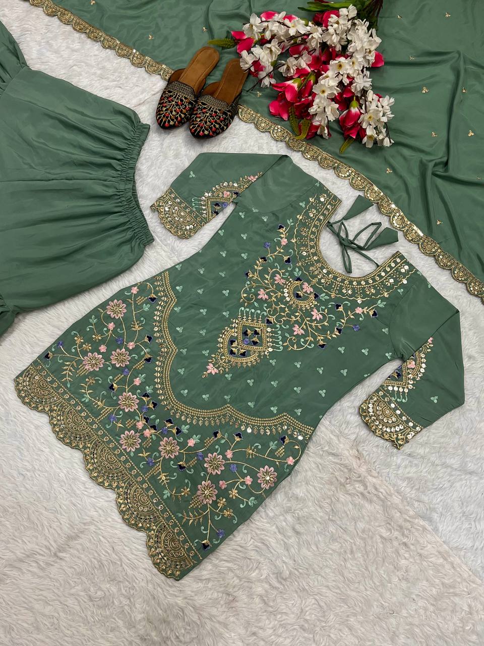 Fabulous Heavy Work Teal Green Color Sharara Suit