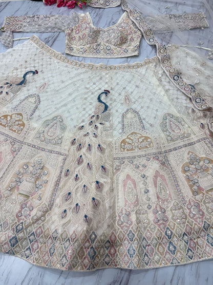 Bridal Wear Peacock Print White Color Lehenga Choli