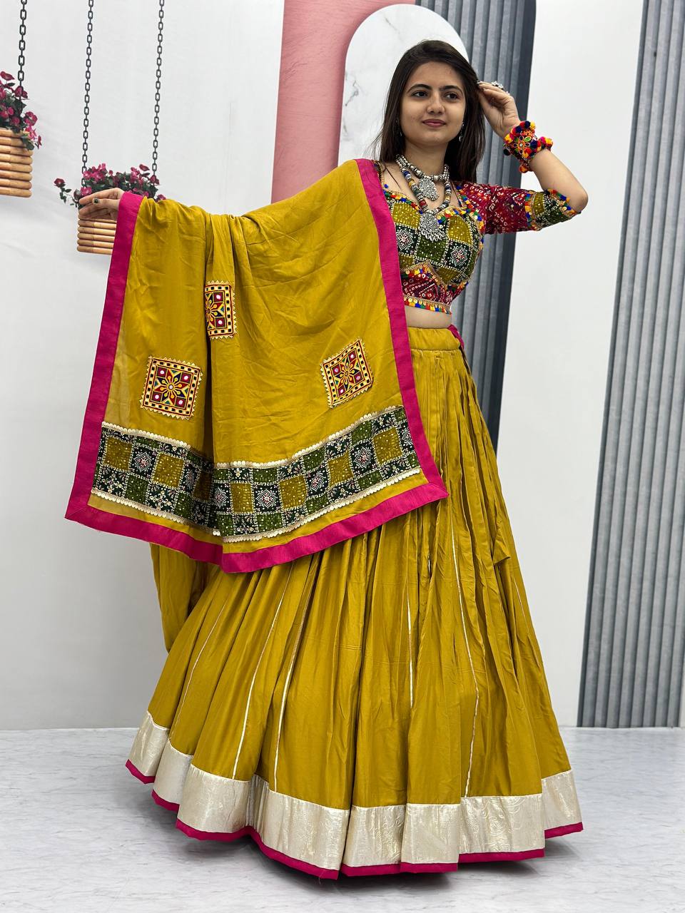 Stunning Mehndi Color Navratri Special Lehenga Choli