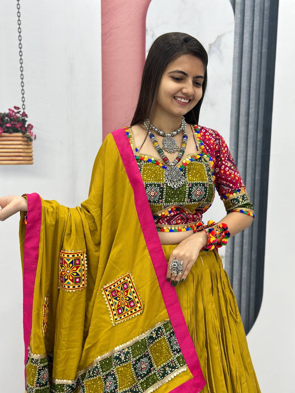 Stunning Mehndi Color Navratri Special Lehenga Choli