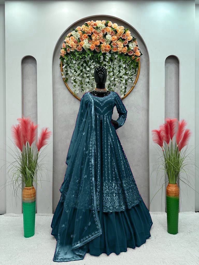 Delightful Sequence Thread Work Teal Blue Top With Lehenga