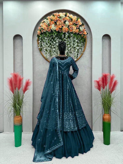 Delightful Sequence Thread Work Teal Blue Top With Lehenga