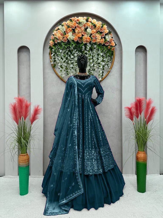 Delightful Sequence Thread Work Teal Blue Top With Lehenga