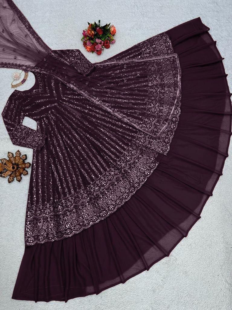 Delightful Sequence Thread Work Marron Top With Lehenga