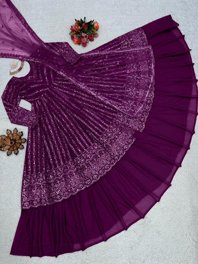 Delightful Sequence Thread Work Wine Top With Lehenga