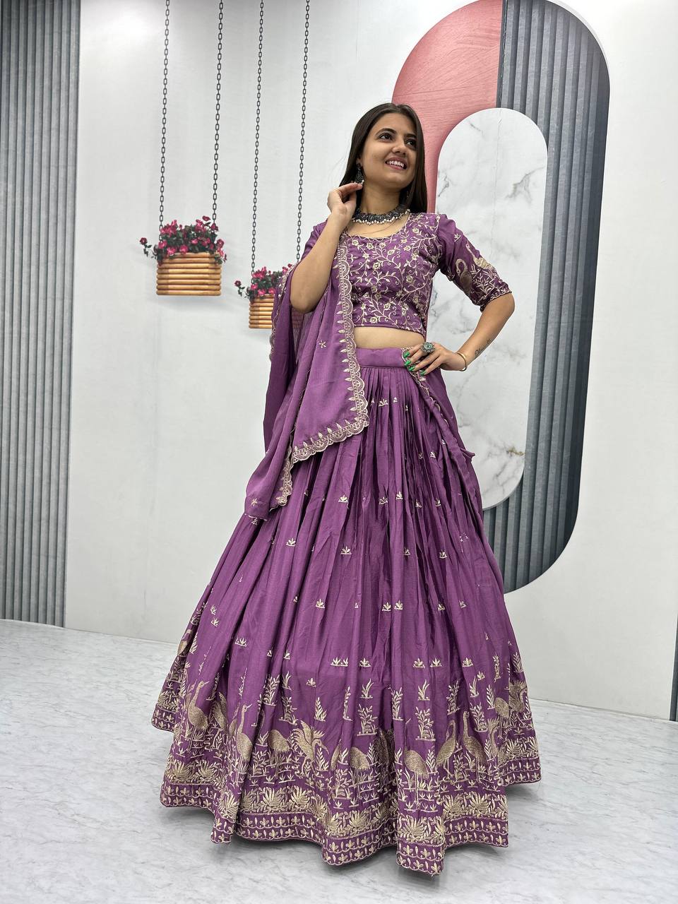 Wedding Wear Embroidery Work Lavender Color Lehenga Choli