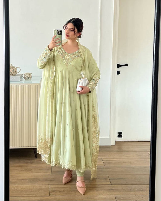 Gorgeous Sequence Work Pista Color Long Sleeve Gown