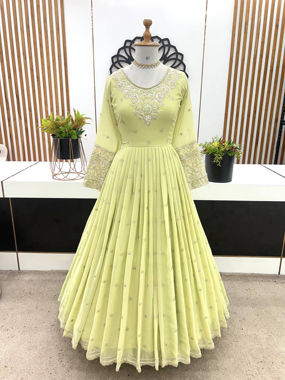 Gorgeous Sequence Work Pista Color Long Sleeve Gown