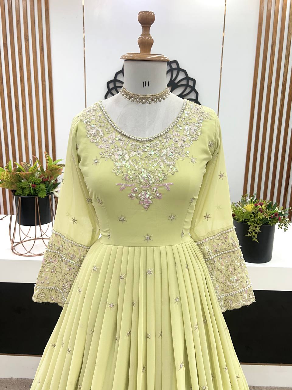 Gorgeous Sequence Work Pista Color Long Sleeve Gown