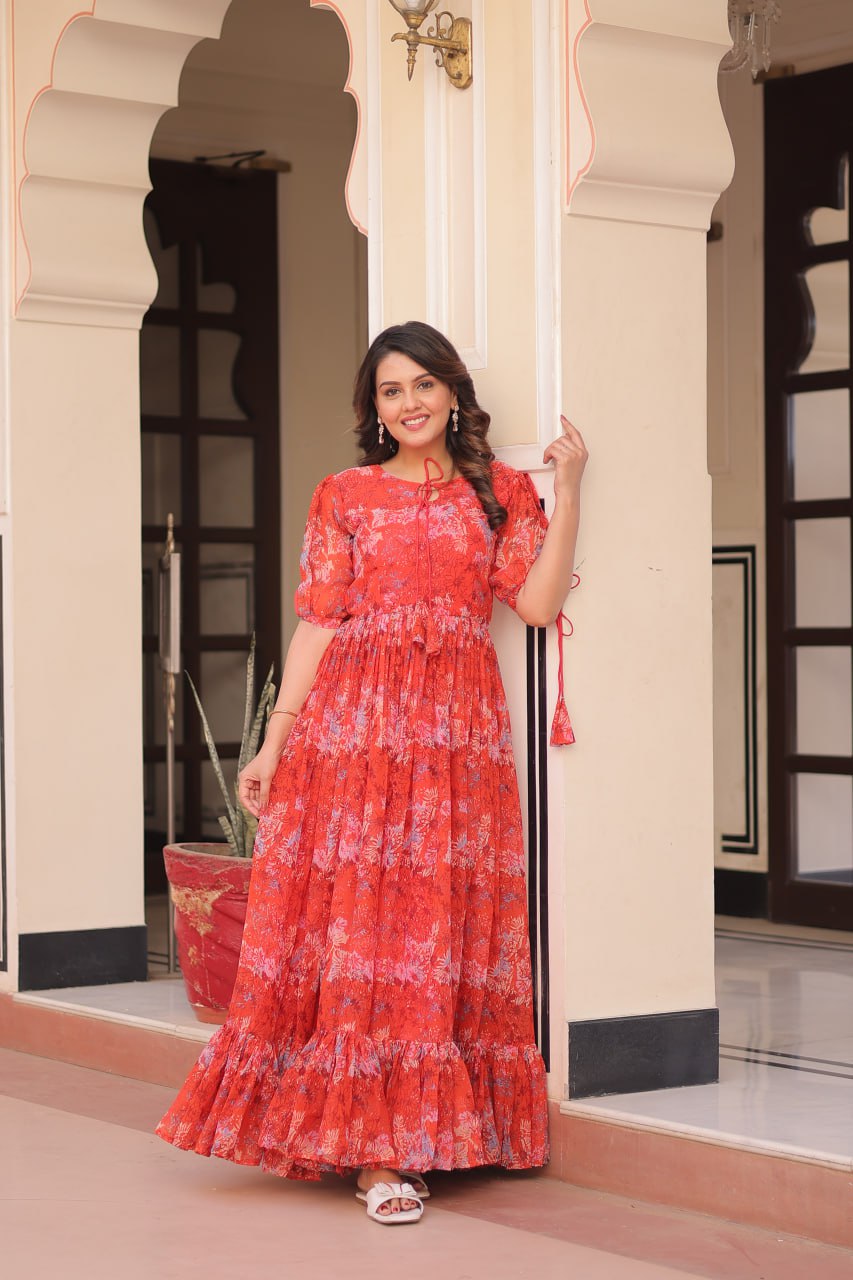 Attractive Georgette Red Color Long Gown