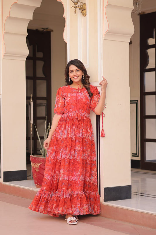 Attractive Georgette Red Color Long Gown