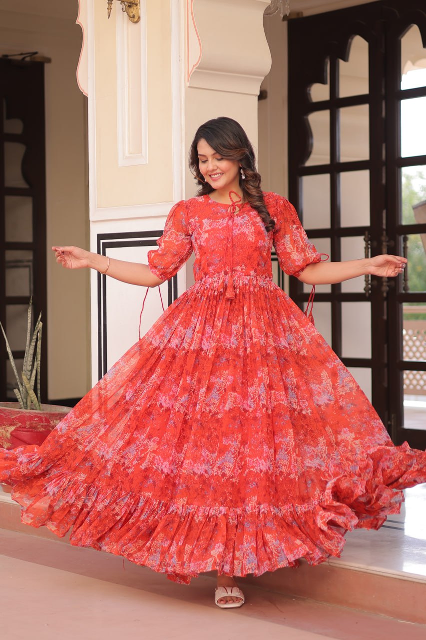 Attractive Georgette Red Color Long Gown