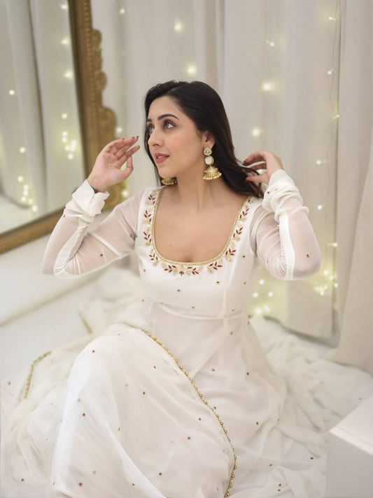 Outstanding Georgette White Color Full Sleeve Gown