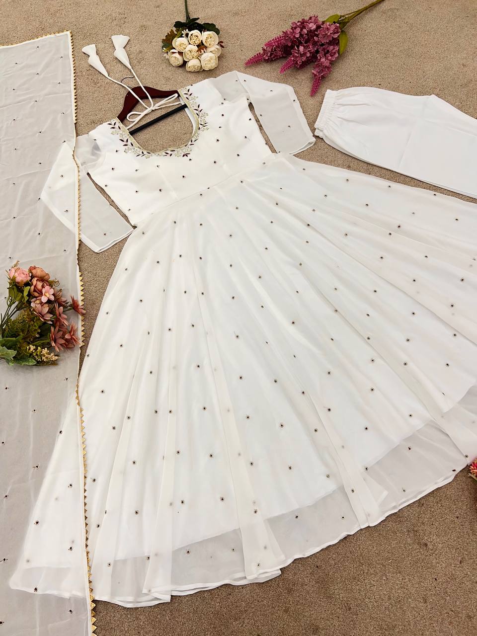 Outstanding Georgette White Color Full Sleeve Gown