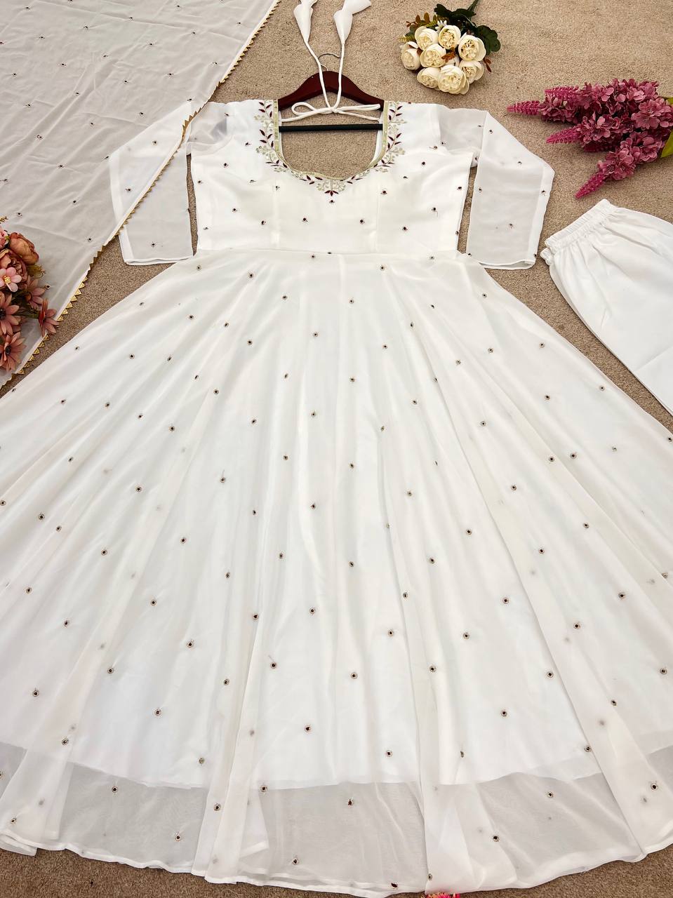 Outstanding Georgette White Color Full Sleeve Gown