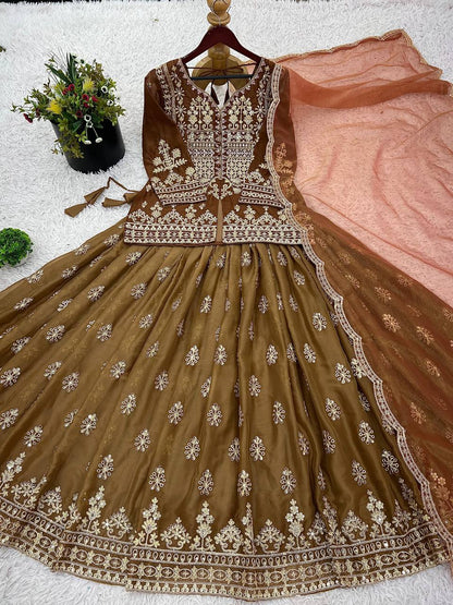 Georgette Embroidery Work Brown Color Top With Lehenga Choli