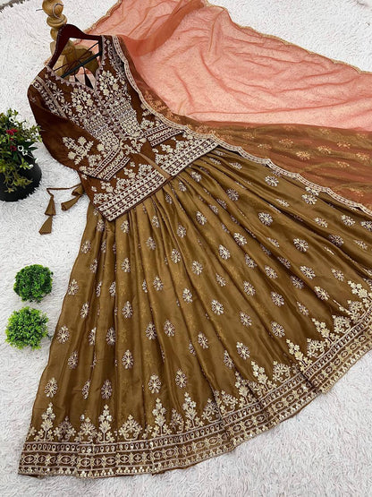 Georgette Embroidery Work Brown Color Top With Lehenga Choli