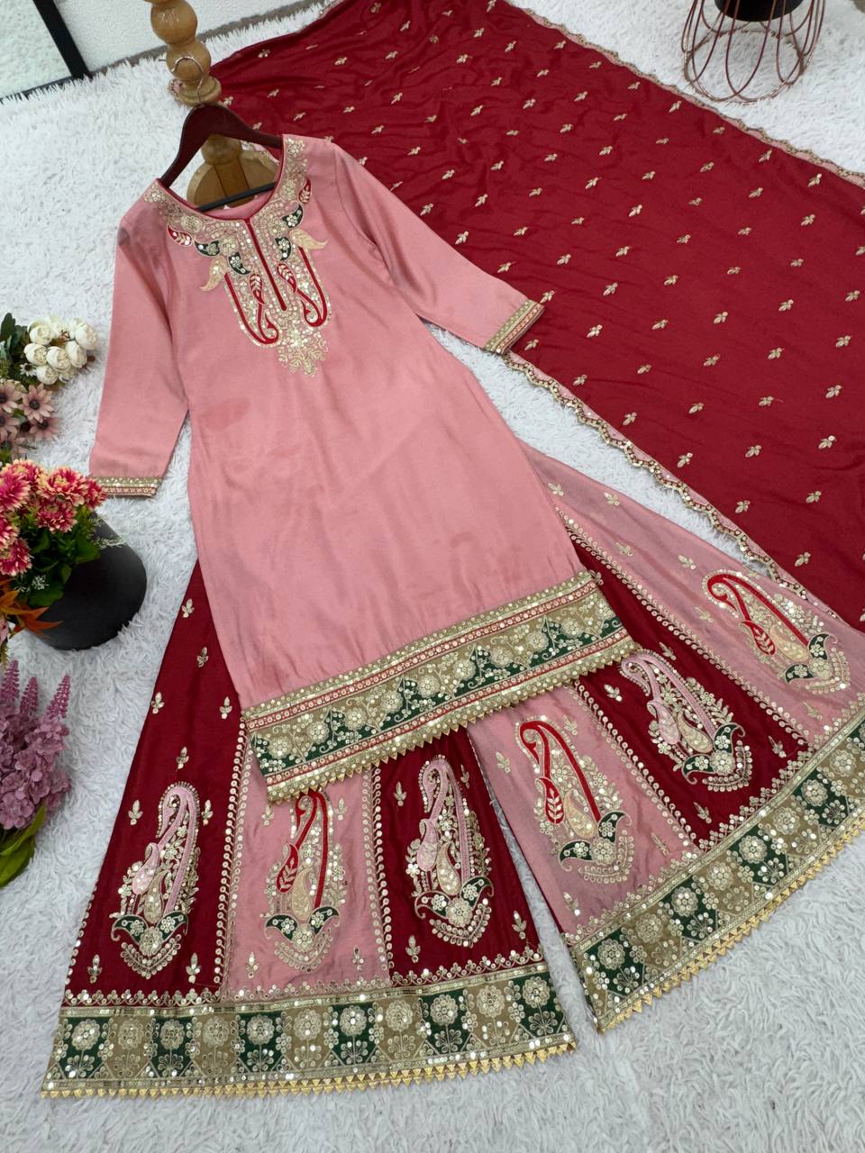 Function Wear Sequence Work Light Pink Color Sharara Suit