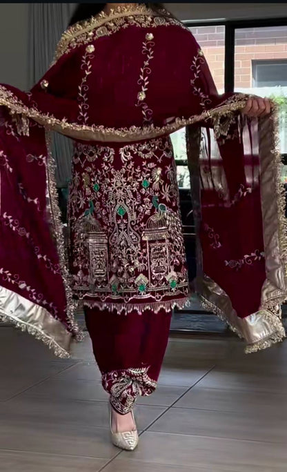 Heavy Work Maroon Color Punjabi Style Dhoti Salwar With Dupatta