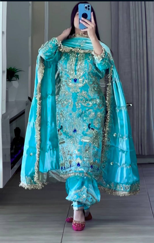 Heavy Work Sky Blue Color Punjabi Style Dhoti Salwar With Dupatta