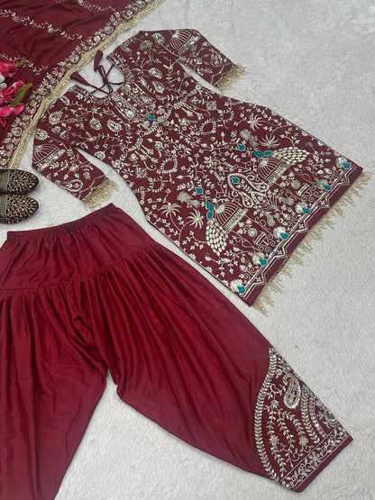 Heavy Work Maroon Color Punjabi Style Dhoti Salwar With Dupatta