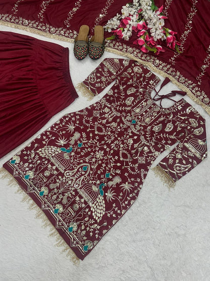 Heavy Work Maroon Color Punjabi Style Dhoti Salwar With Dupatta