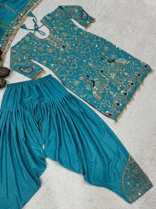 Heavy Work Sky Blue Color Punjabi Style Dhoti Salwar With Dupatta