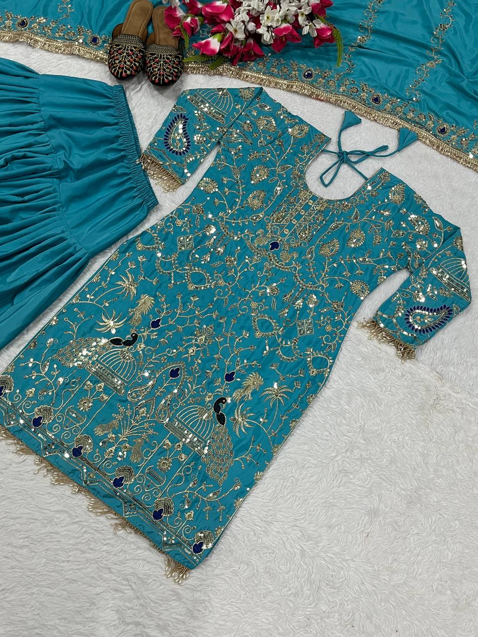 Heavy Work Sky Blue Color Punjabi Style Dhoti Salwar With Dupatta