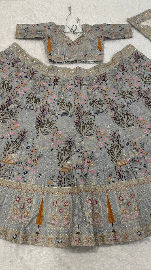 Wedding Wear Grey Color Kasturi Silk Lehenga Choli