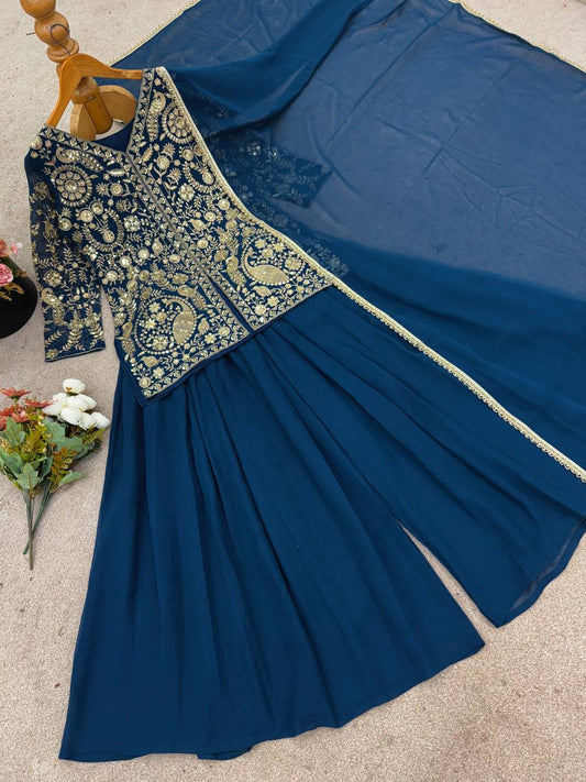 Designer Teal Blue Color Top With Palazzo Set