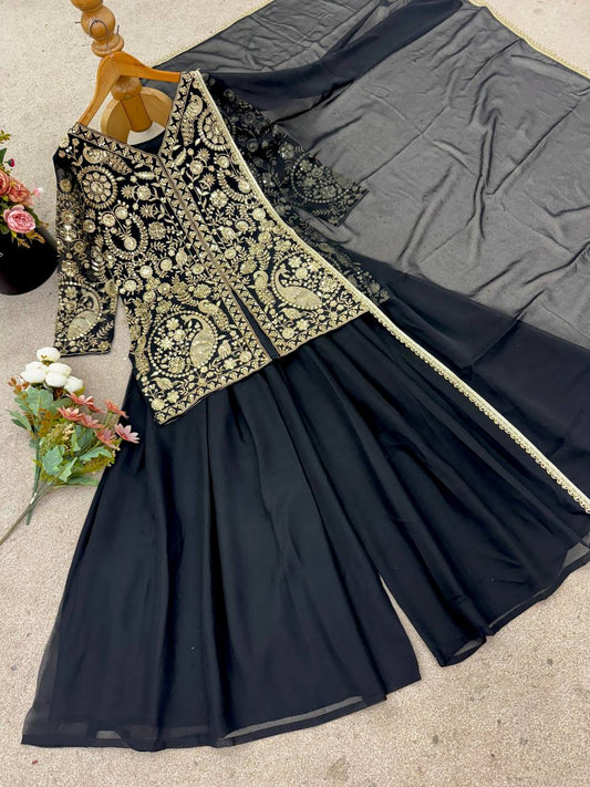 Designer Black Color Top With Palazzo Set