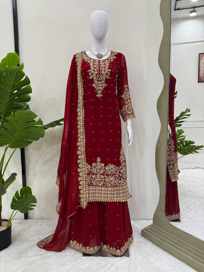 Faux Georgette Red Color Sequence Work Palazzo Suit