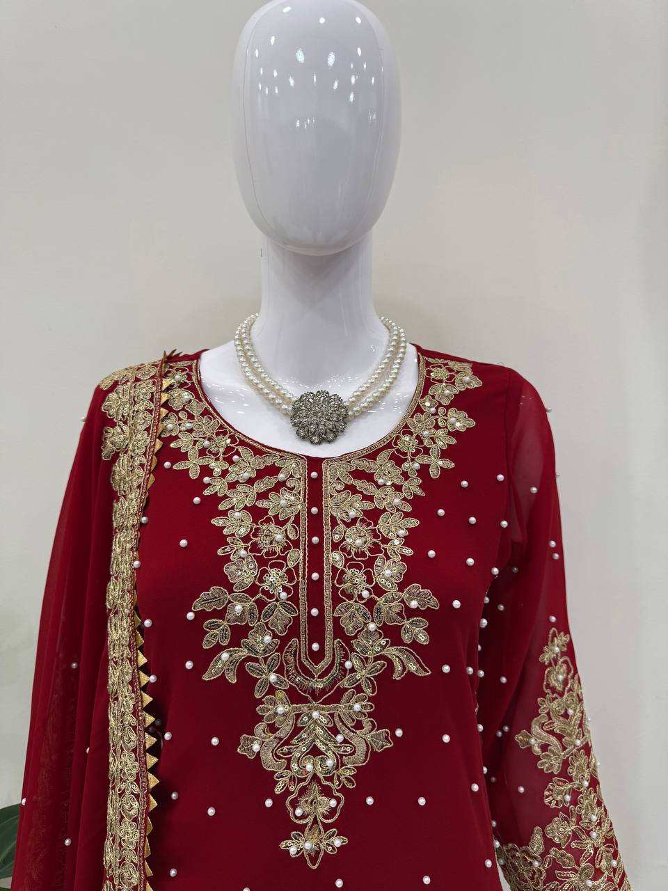 Faux Georgette Red Color Sequence Work Palazzo Suit