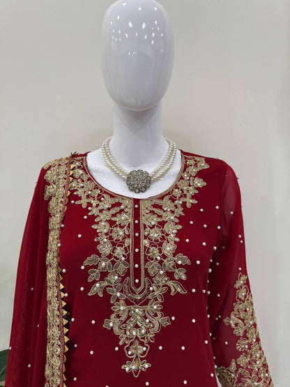 Faux Georgette Red Color Sequence Work Palazzo Suit